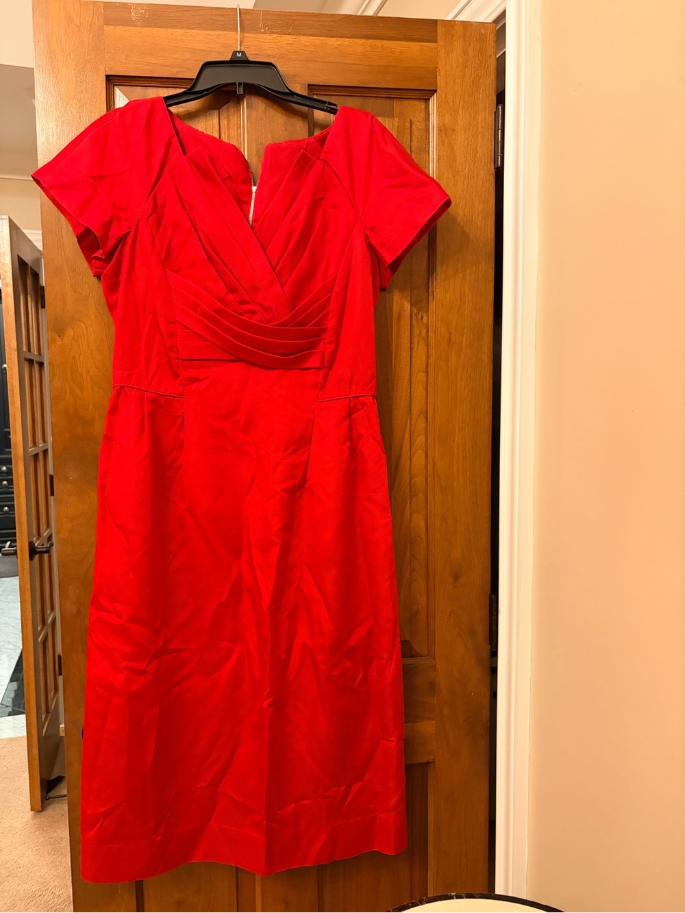 Vintage Ferman O'Grady Lot 51. Red Midi Sheath Dress with Pleated V-Neck